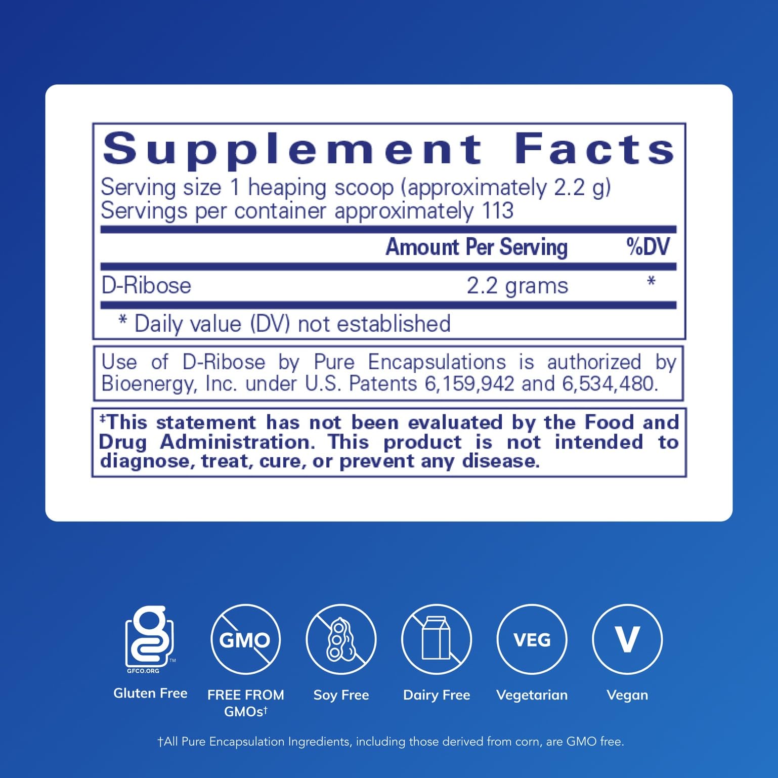 Pure Encapsulations Ribose bottle back label highlights ingredients and allergen-free promise