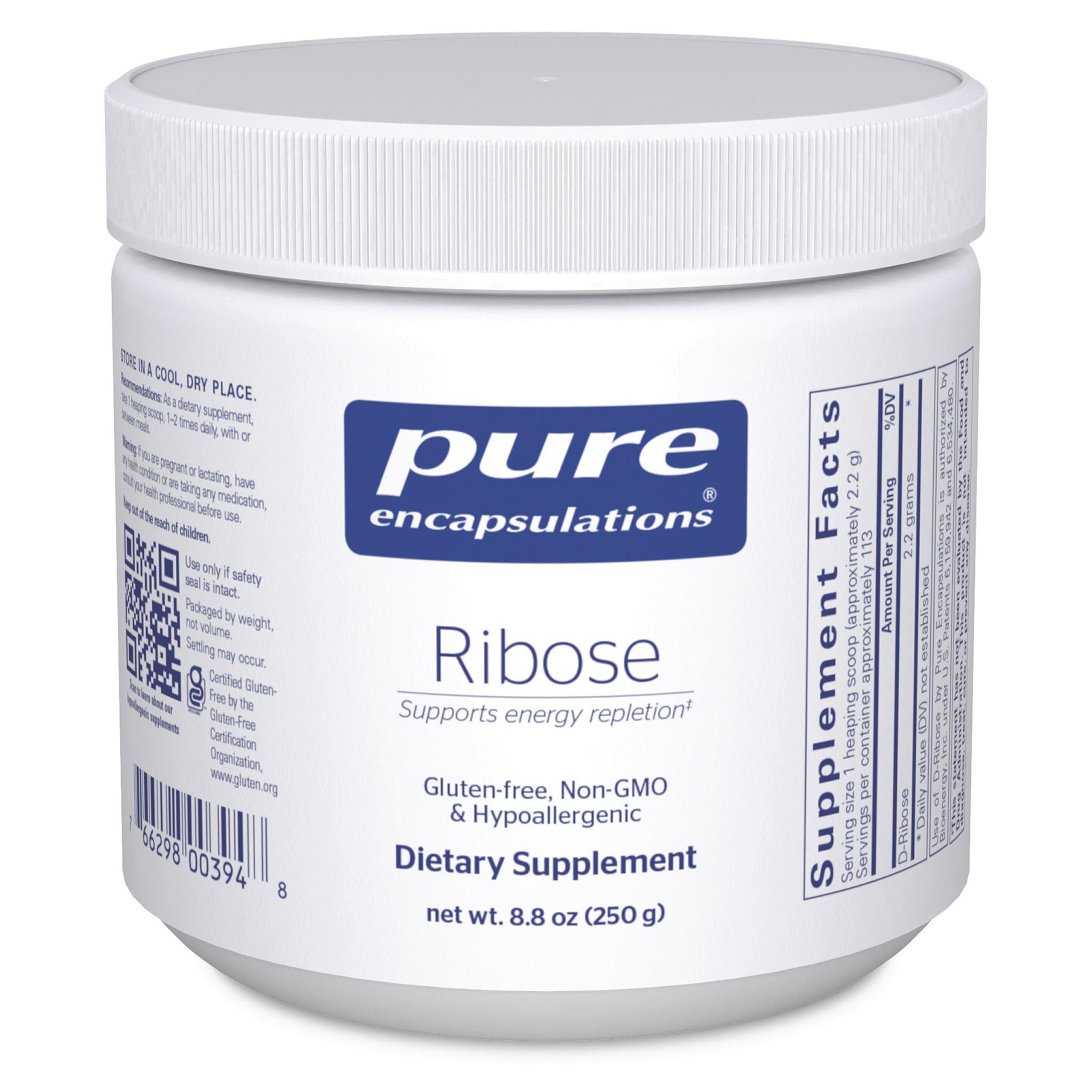 Pure Encapsulations Ribose bottle front displays hypoallergenic energy support labeling