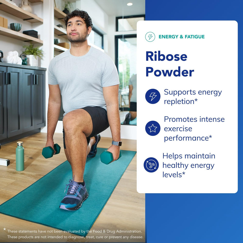 Pure Encapsulations Ribose powder being poured conveys convenient use during training