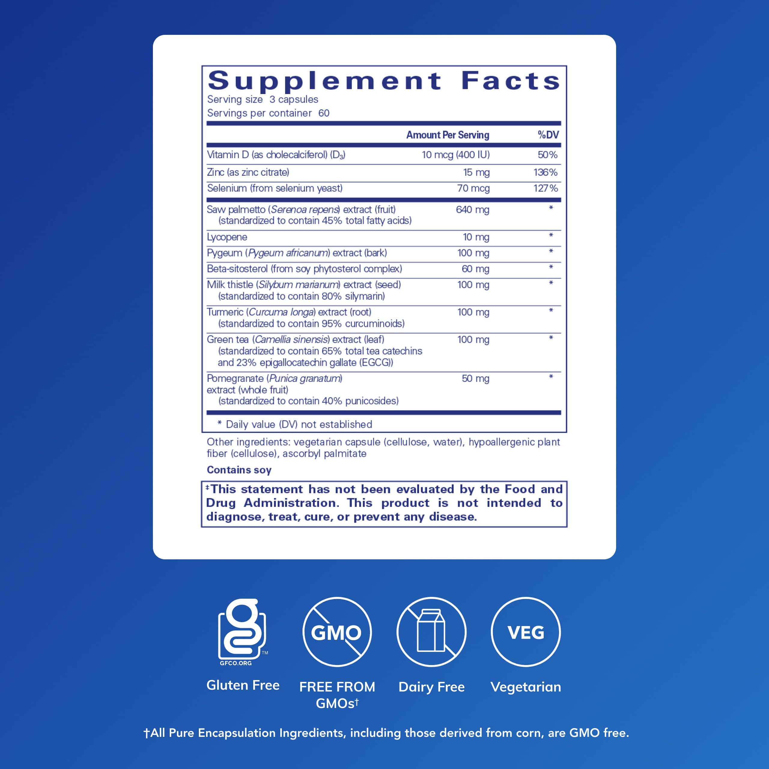 Pure Encapsulations SP Ultimate ingredients close-up highlighting saw palmetto and pygeum for urinary support.