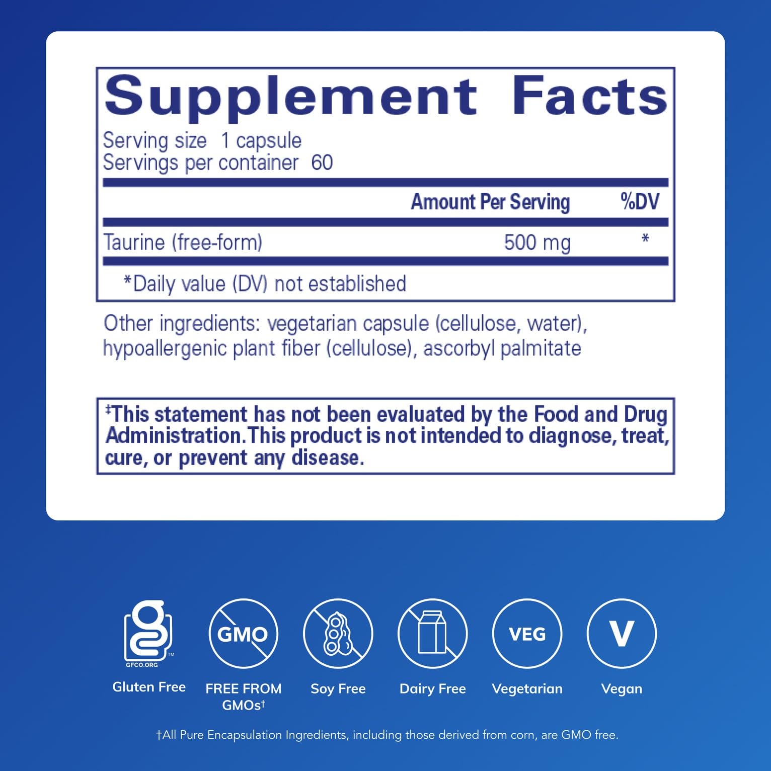 Close-up of Pure Encapsulations Taurine 500 mg bottle