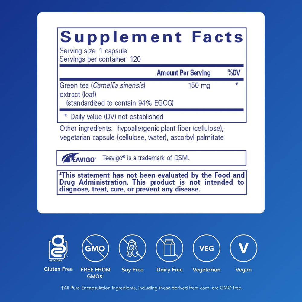 Pure Encapsulations Teavigo bottle back detailing ingredients and hypoallergenic features