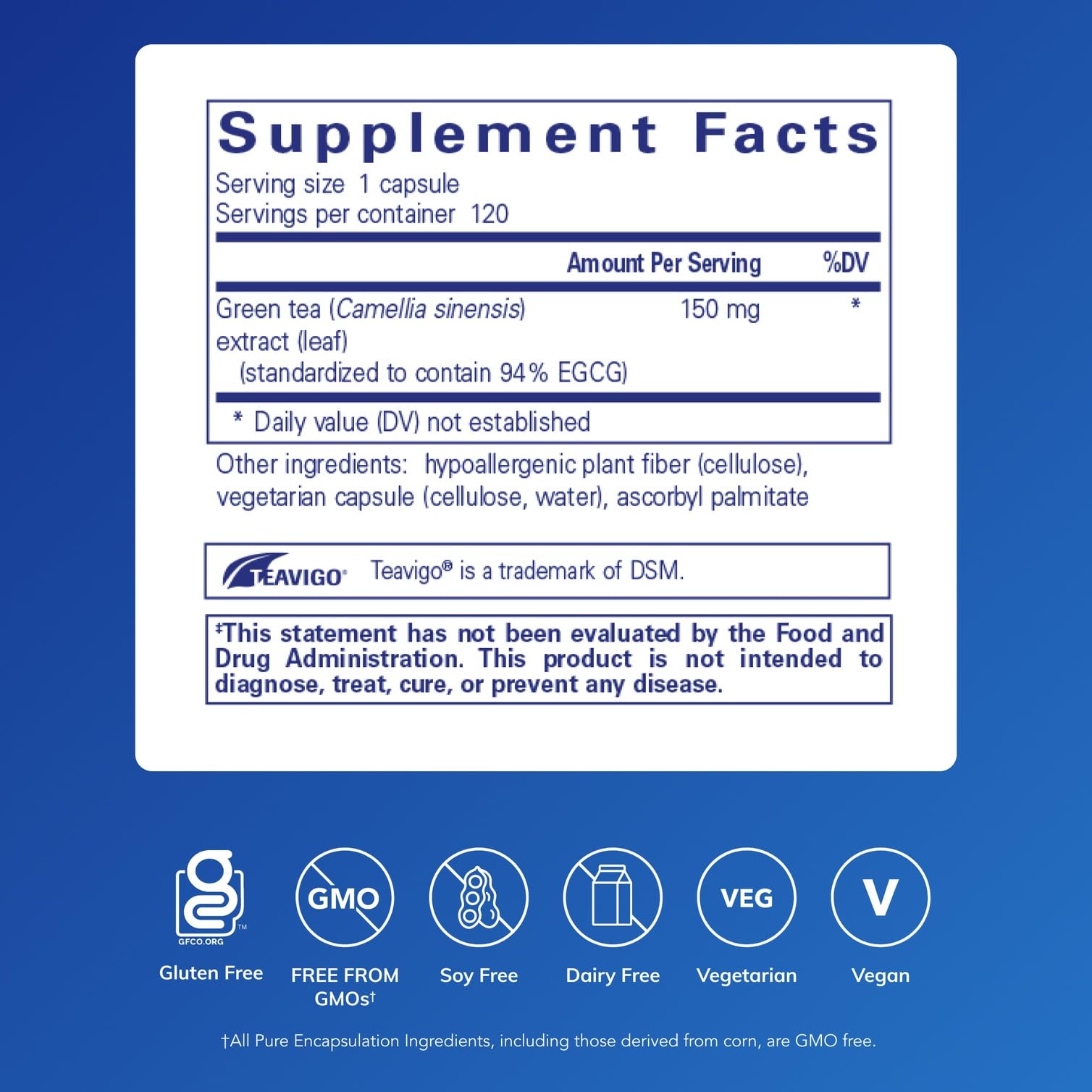 Pure Encapsulations Teavigo bottle back detailing ingredients and hypoallergenic features