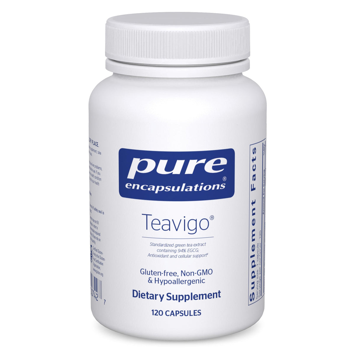 Pure Encapsulations Teavigo bottle front showing caffeine-free green tea EGCG antioxidant support