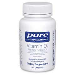 Bottle of Pure Encapsulations Vitamin D3 125 mcg (5,000 IU) 120 capsules