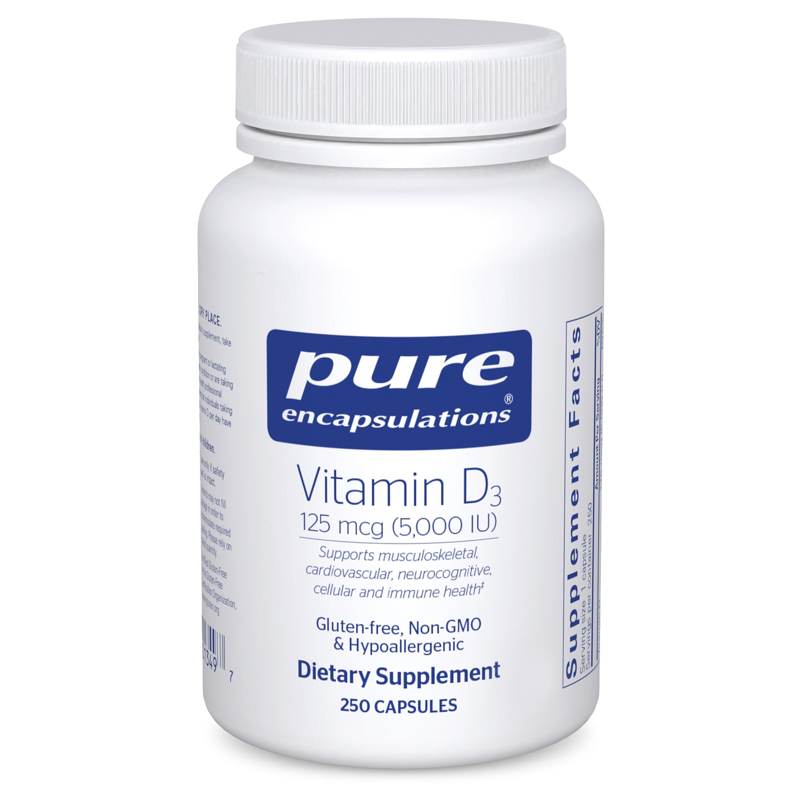 Pure Encapsulations Vitamin D3 bottle front view with 250 capsules