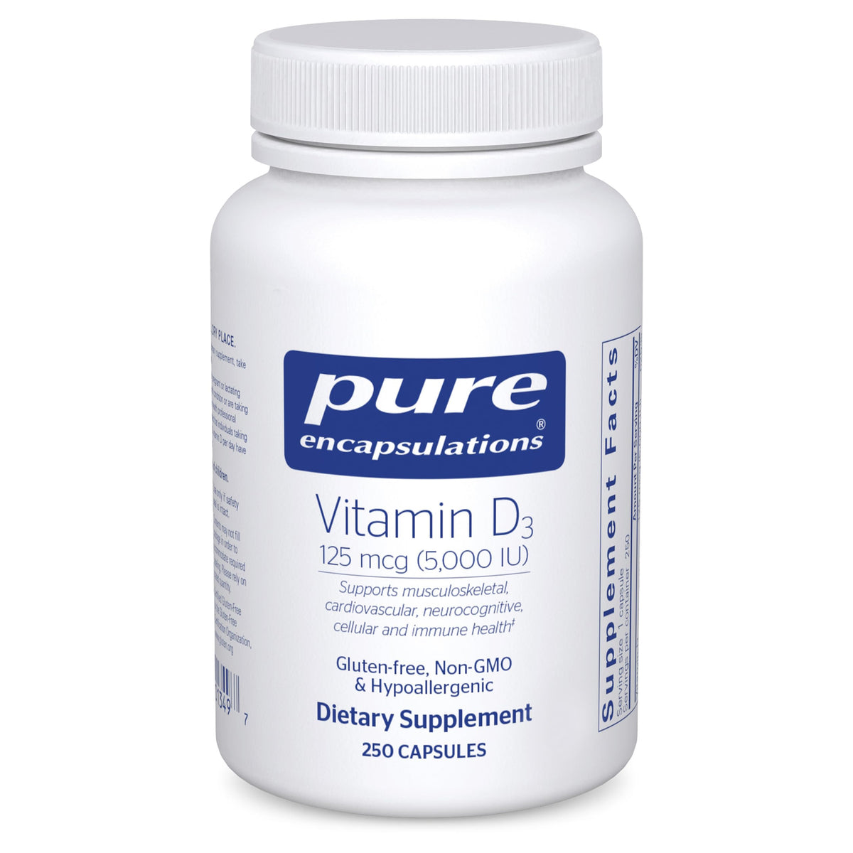 Pure Encapsulations Vitamin D3 bottle front view with 250 capsules