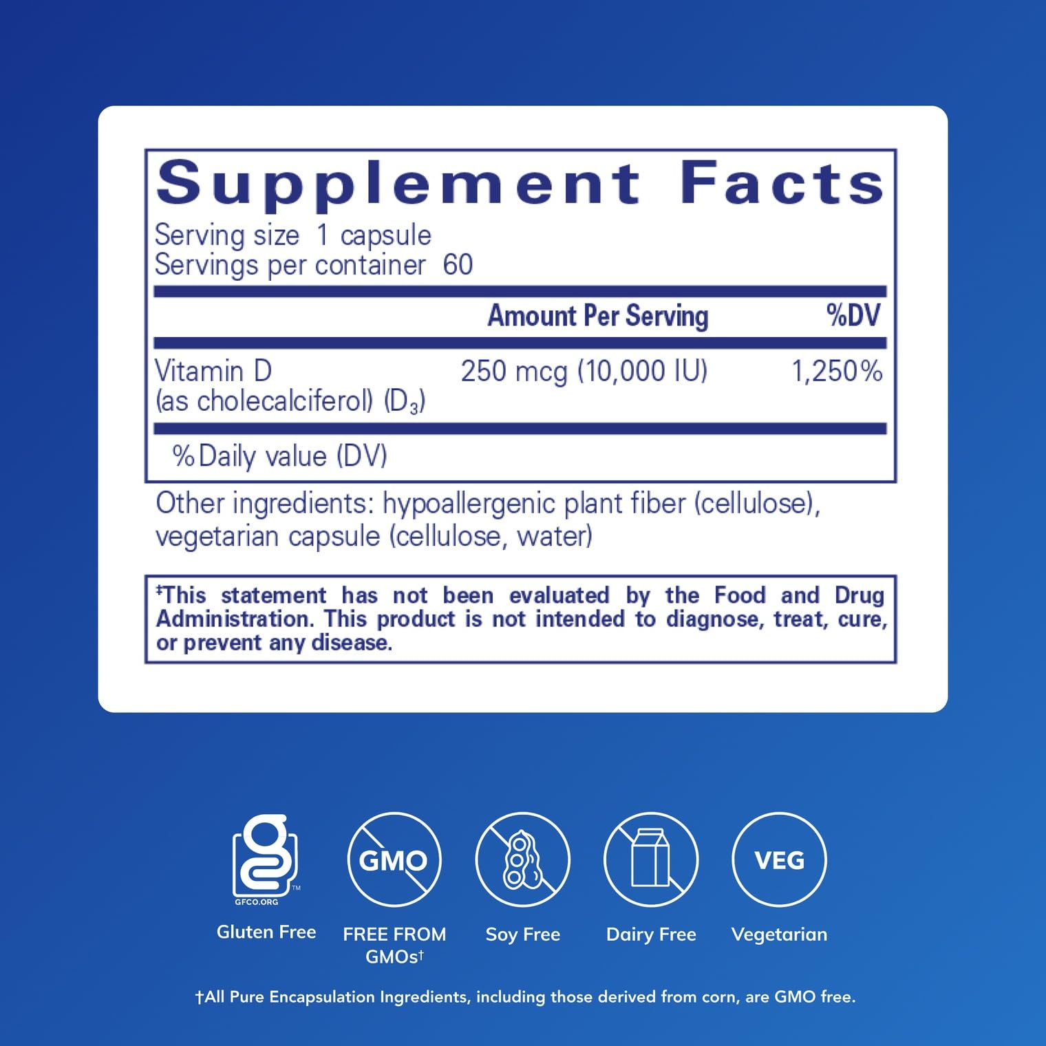 Front view of Pure Encapsulations Vitamin D3 bottle with 60 capsules