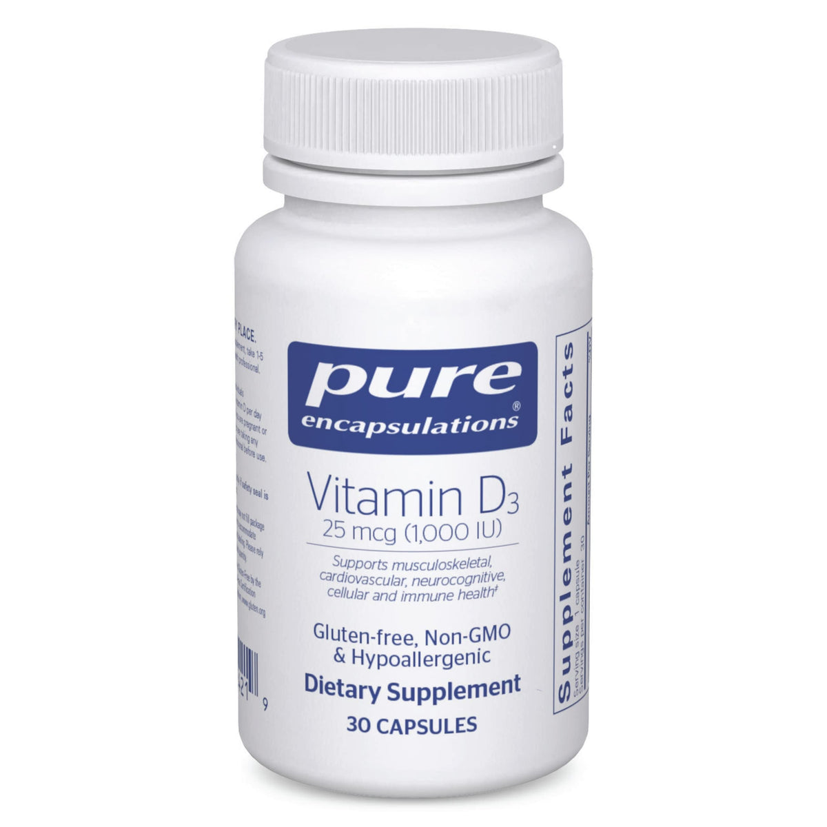 Pure Encapsulations Vitamin D3 bottle with 25 mcg (1000 IU) – 30 capsules (hero image)