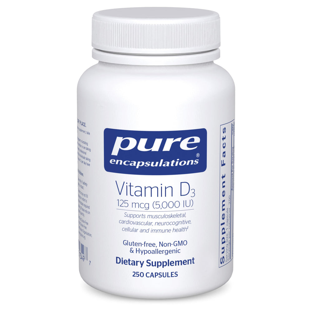 Pure Encapsulations Vitamin D3 bottle label shows 125 mcg for bone support.