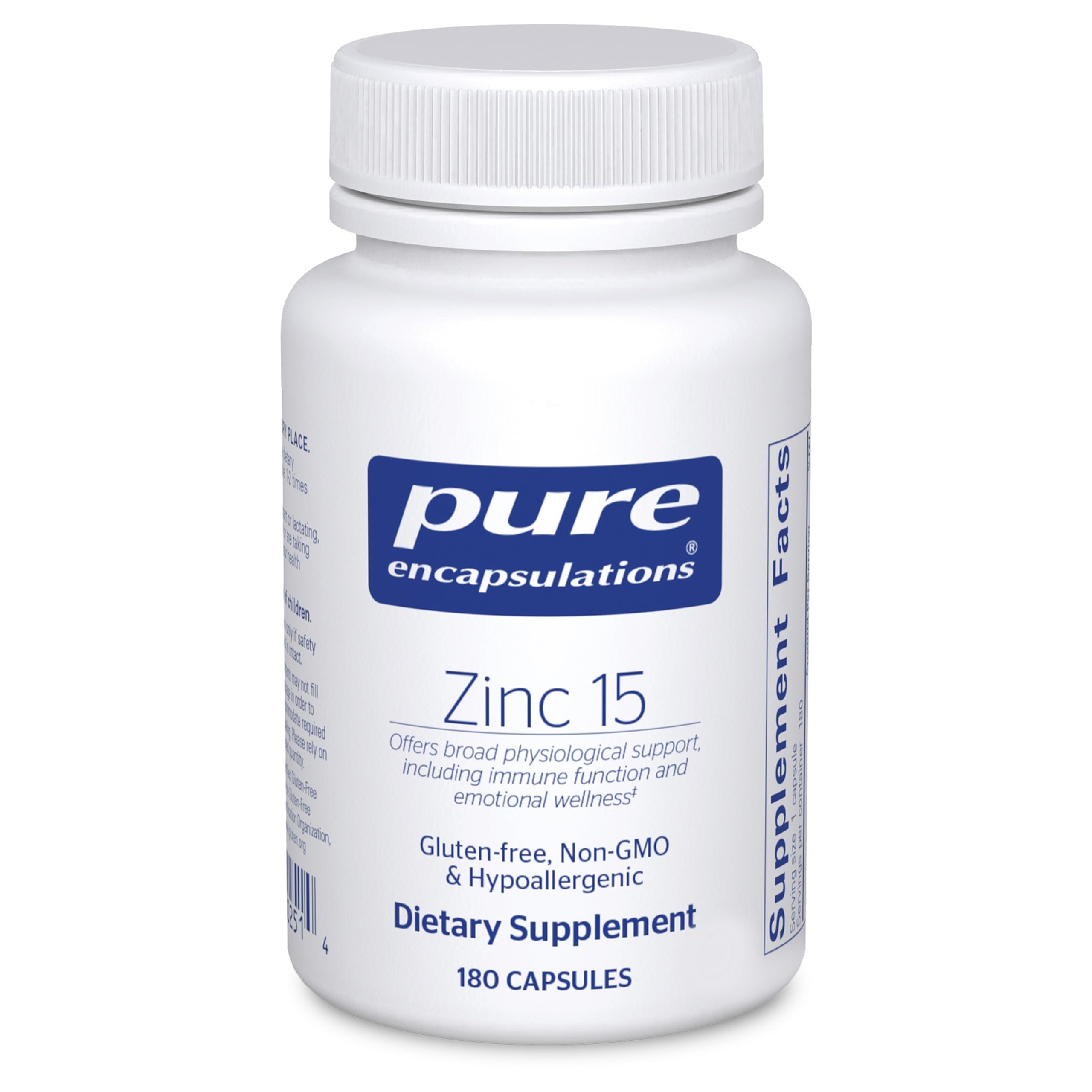 Pure Encapsulations Zinc 15 mg bottle label with 180 capsules