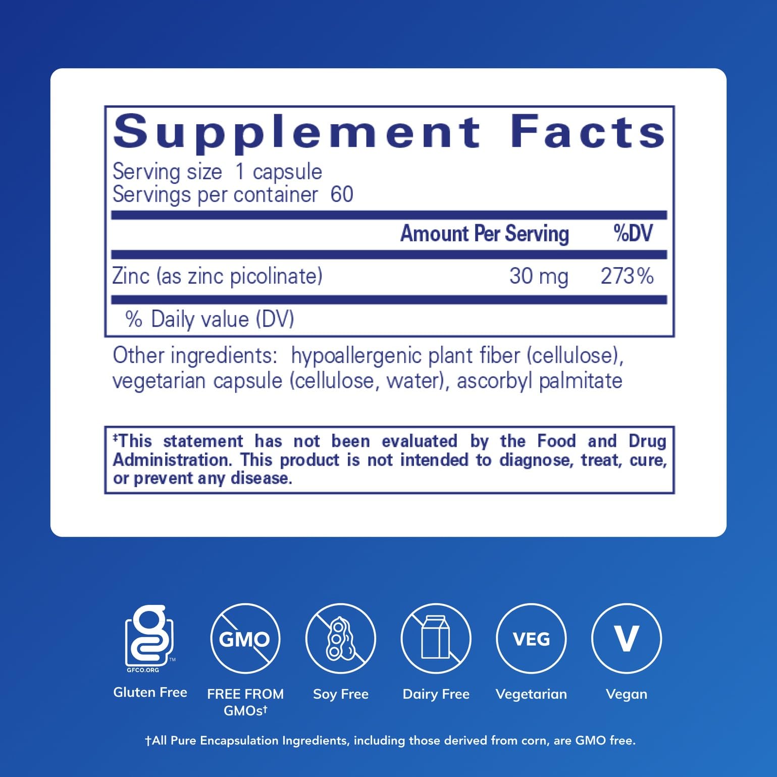 Close-up of Pure Encapsulations Zinc 30 mg capsules