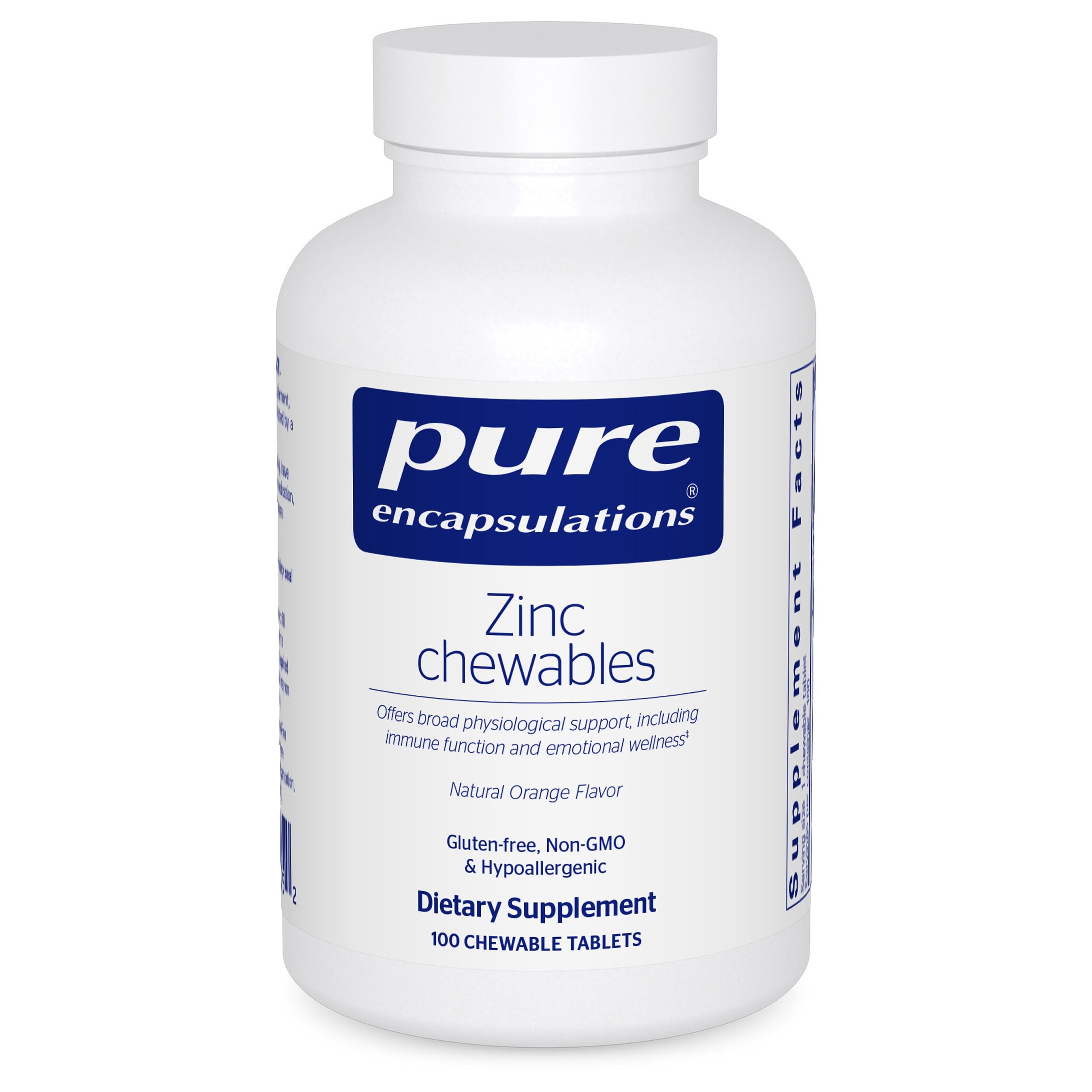 Bottle of Pure Encapsulations Zinc Chewables – 100 orange-flavored tablets