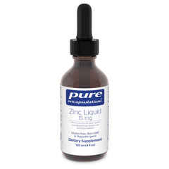 Bottle of Pure Encapsulations Zinc Liquid 15 mg with 4 oz label for immune support.