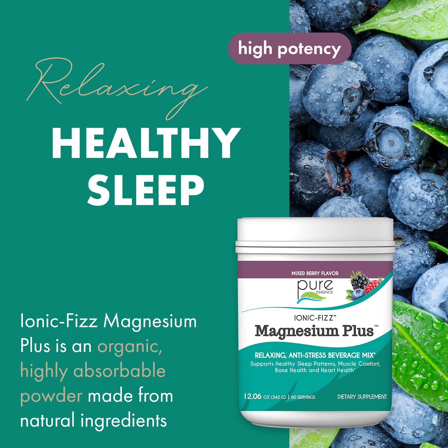 Back label of Ionic Fizz Magnesium Plus jar showing ingredients and nutrition.