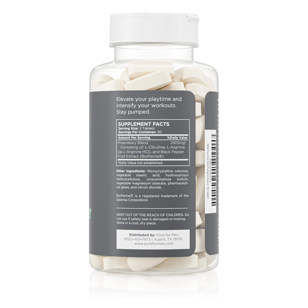 Pure for Men bottle shows L-Arginine and L-Citrulline emphasis for nitric oxide support.