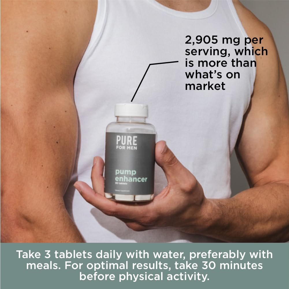 Pure for Men Pump Enhancer box suggests a 3-tablet daily pre-workout routine.
