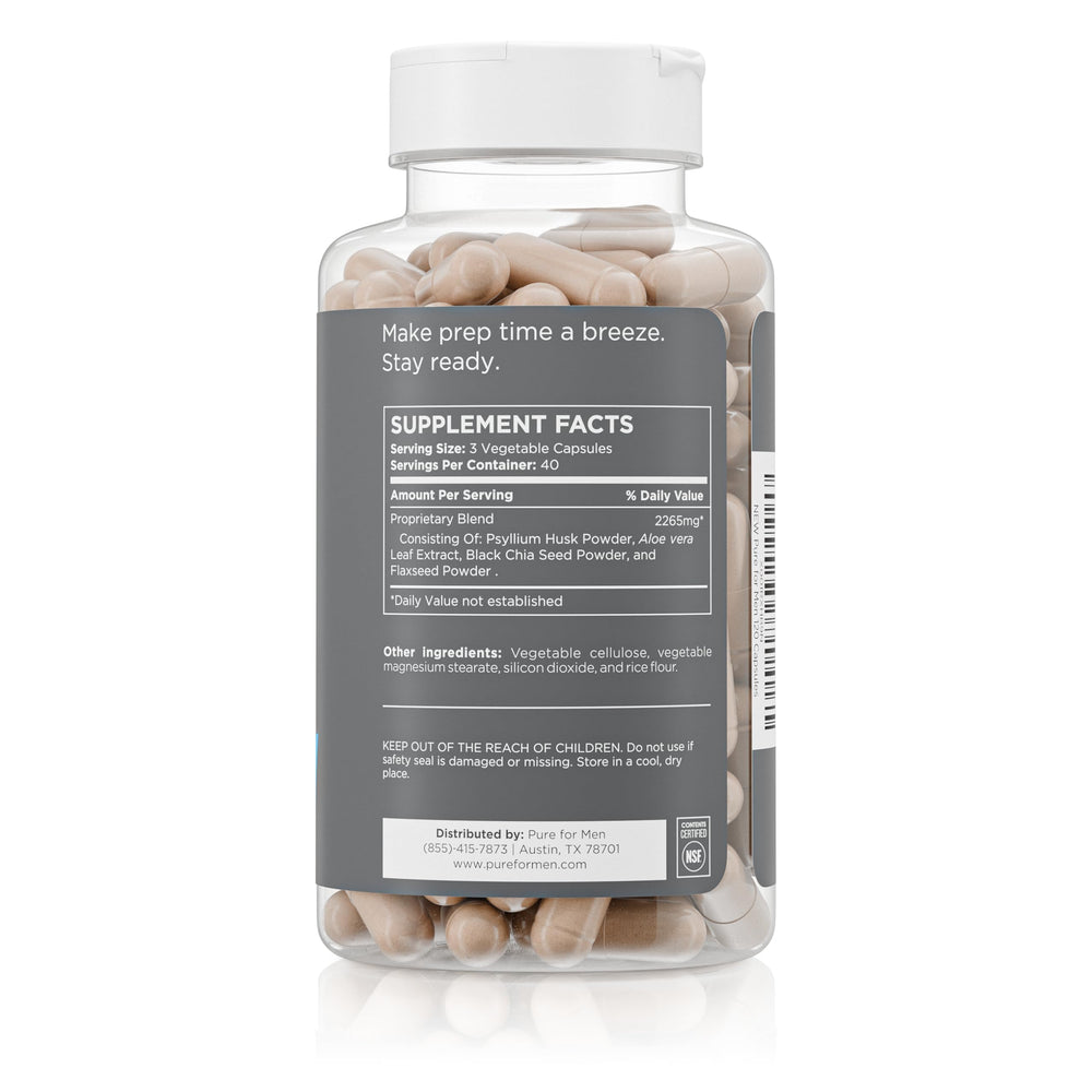 Pure for Men Stay Ready Fiber bottle label highlights plant-based ingredients and vegan formula