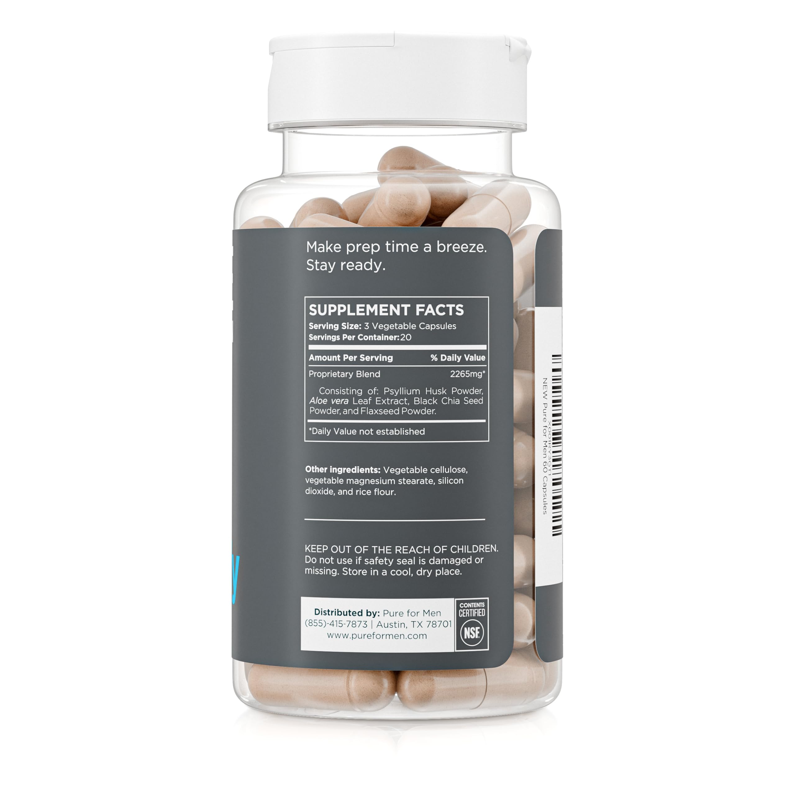 Pure for Men Stay Ready Fiber capsules closeup showing plant-based fiber for regular use.