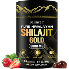Pure Himalayan Shilajit Gummies Gold bottle front with Ashwagandha and Gokshura