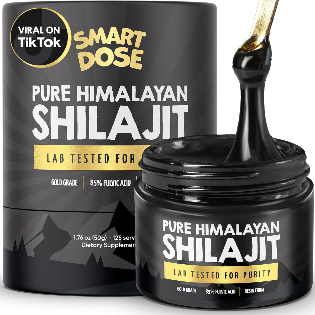 Pure Himalayan Shilajit resin in a 50g jar with 125 servings