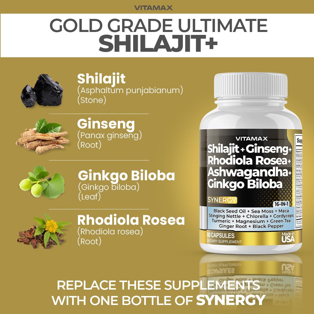 Shilajit and Sea Moss capsules highlighting 80+ trace minerals — USA Made