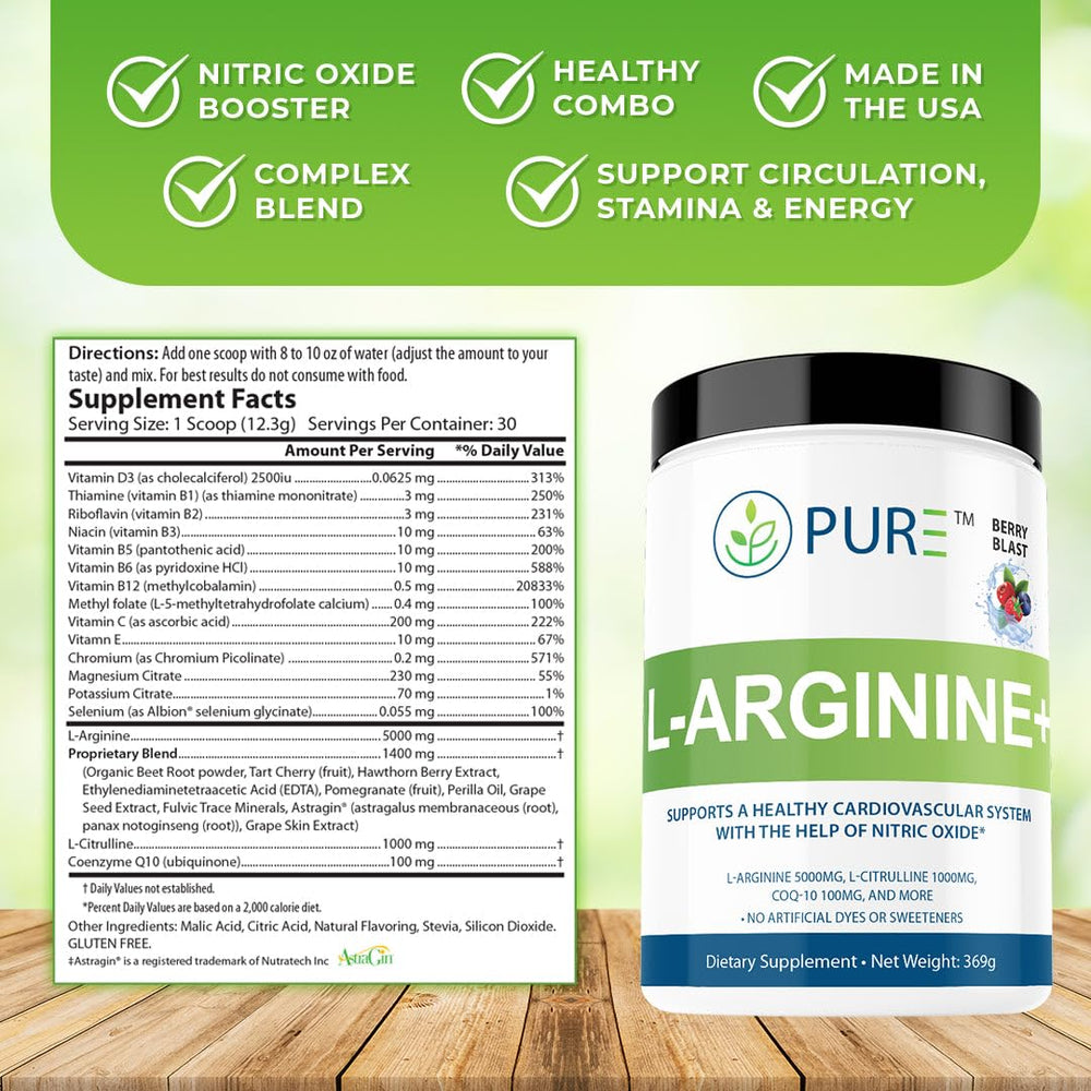 PURE L-Arginine+ Lemon Lime bottle on white background
