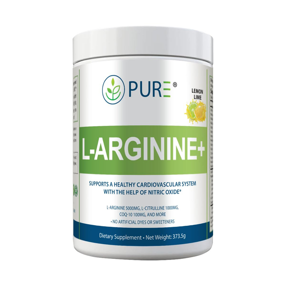 Front label of PURE L-Arginine+ Lemon Lime bottle