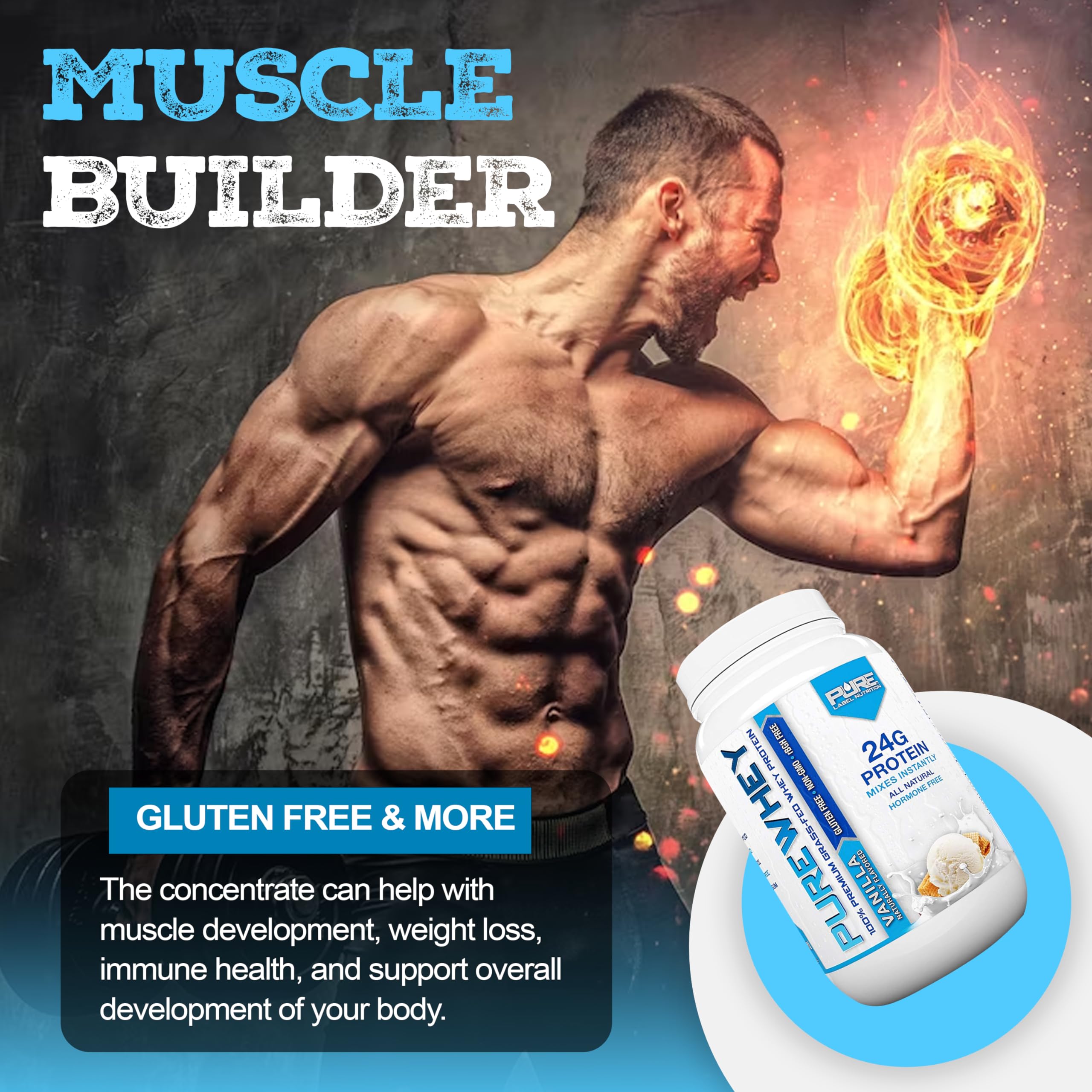 Vanilla whey protein powder scoop with glass of milk