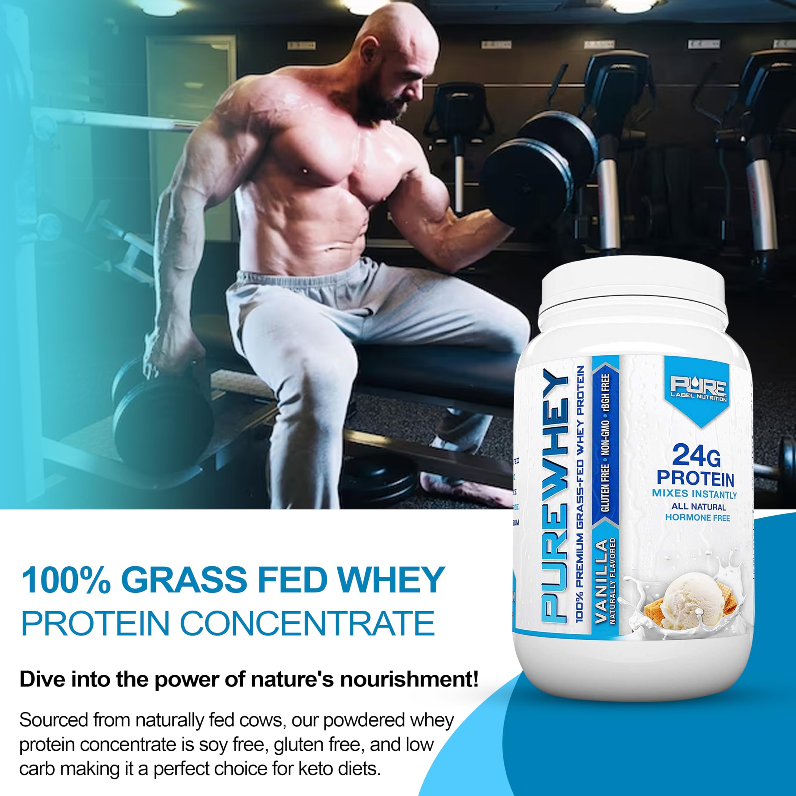 Soy-free, gluten-free whey protein powder label