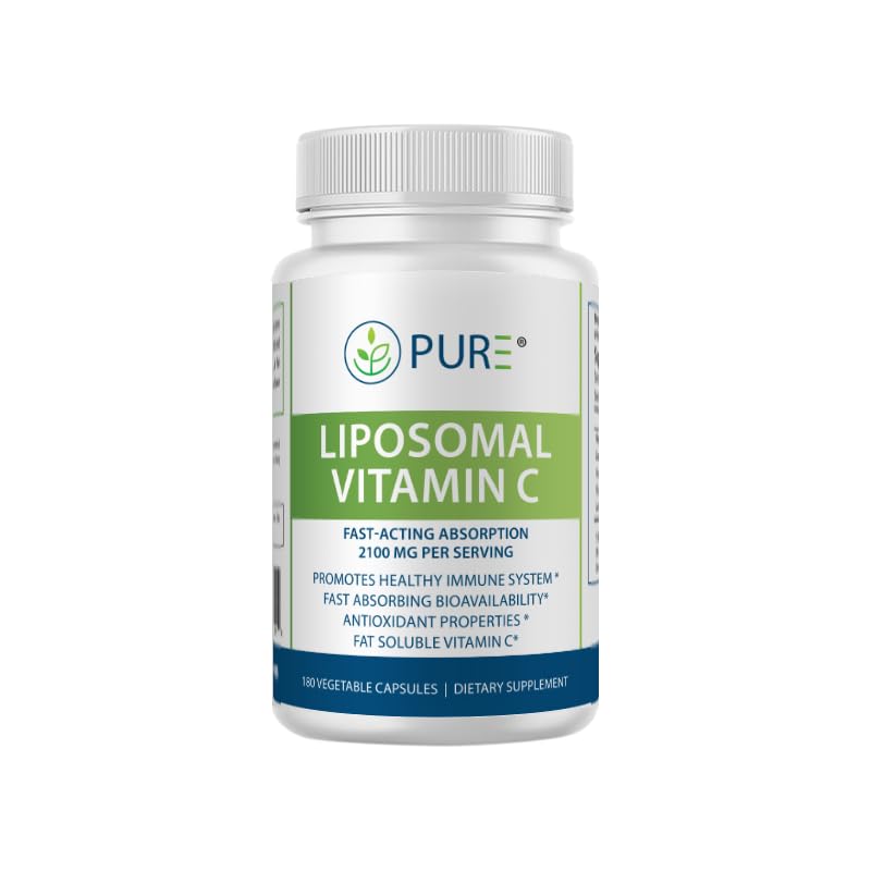 Bottle of PURE Liposomal Vitamin C Capsules showing 2100 mg per serving and 60-day supply.