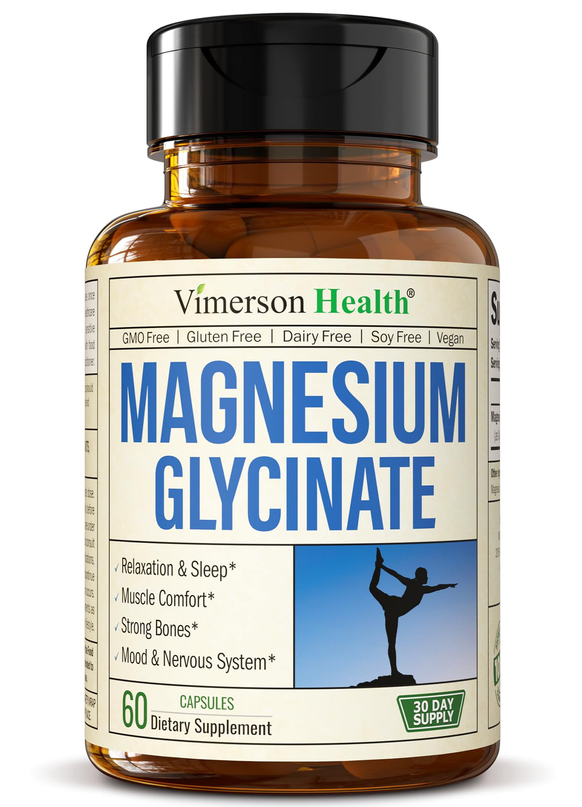 Bottle of Pure Magnesium Glycinate 200mg capsules front view