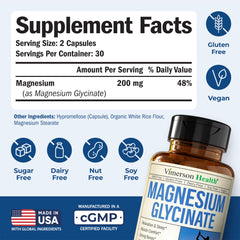 Back of bottle showing supplement facts for Magnesium Glycinate (60 vegan capsules)