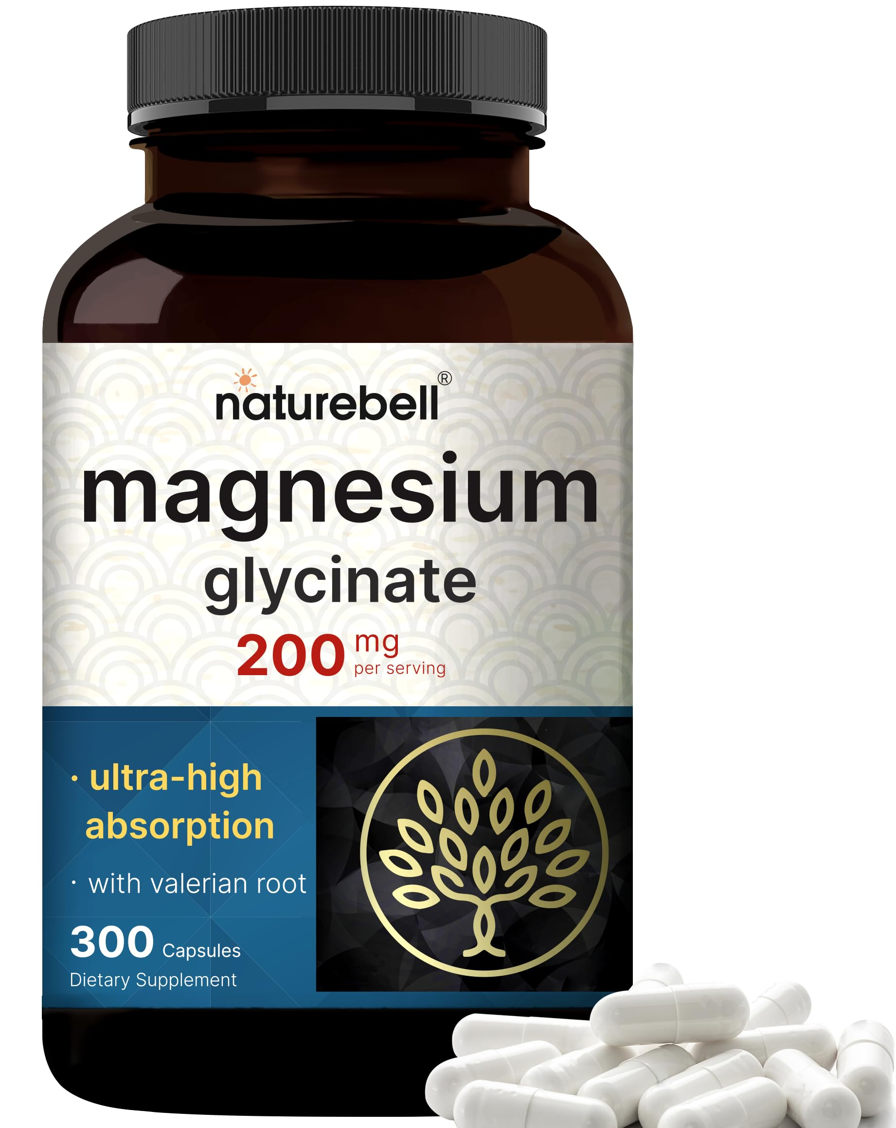 Magnesium glycinate with valerian root supplement, 200 mg per serving, 300 capsules