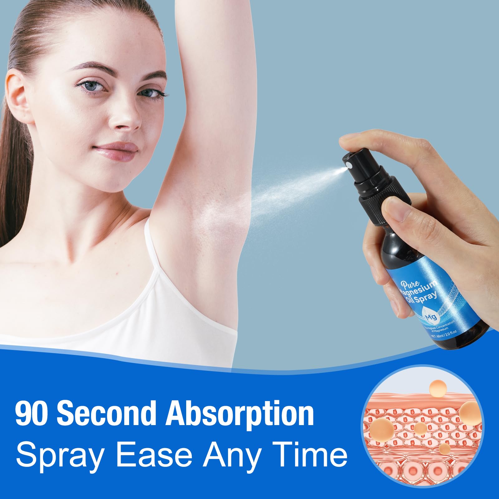 Hand applying magnesium oil spray to clean forearm