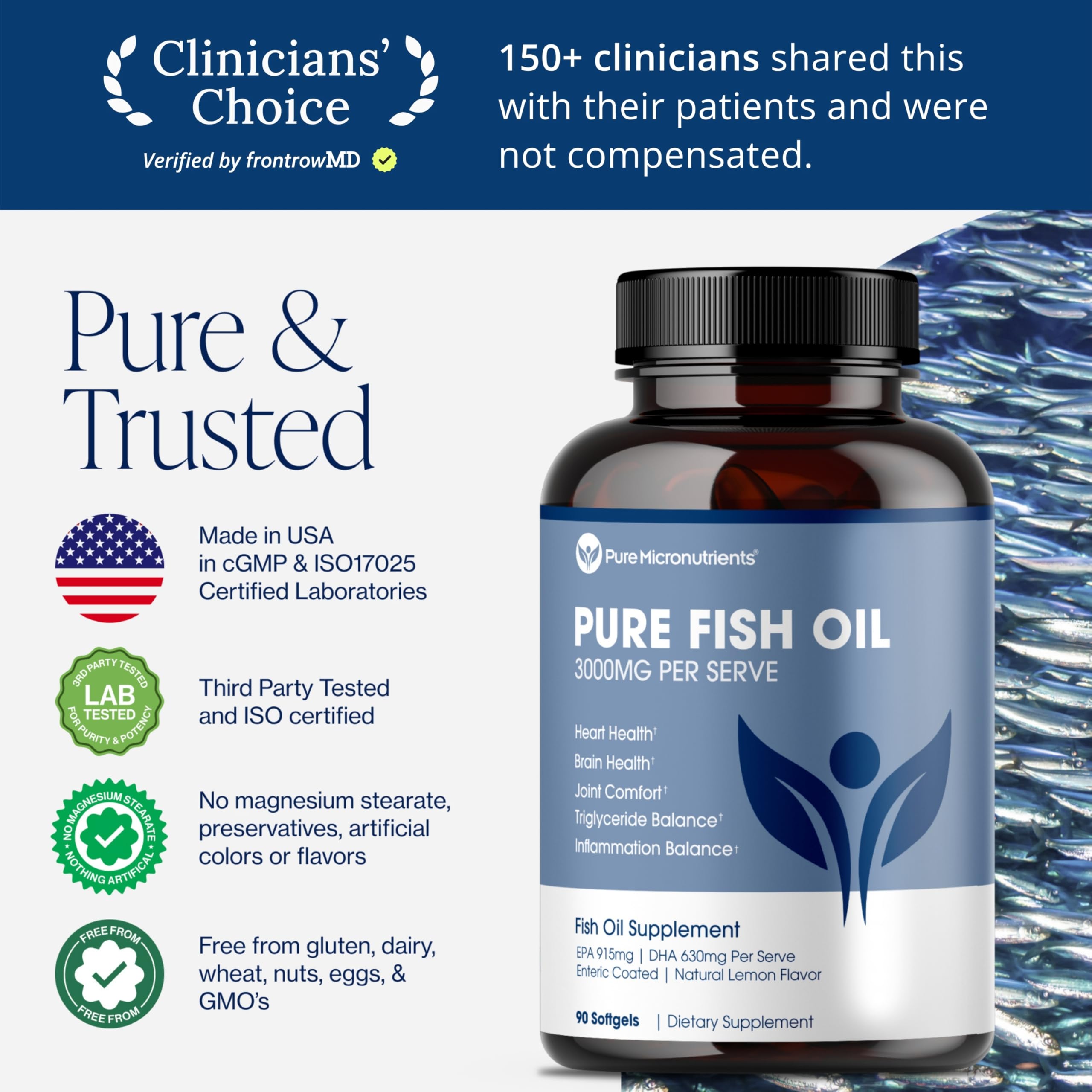 Close-up of Pure Micronutrients Omega-3 Fish Oil softgels bottle