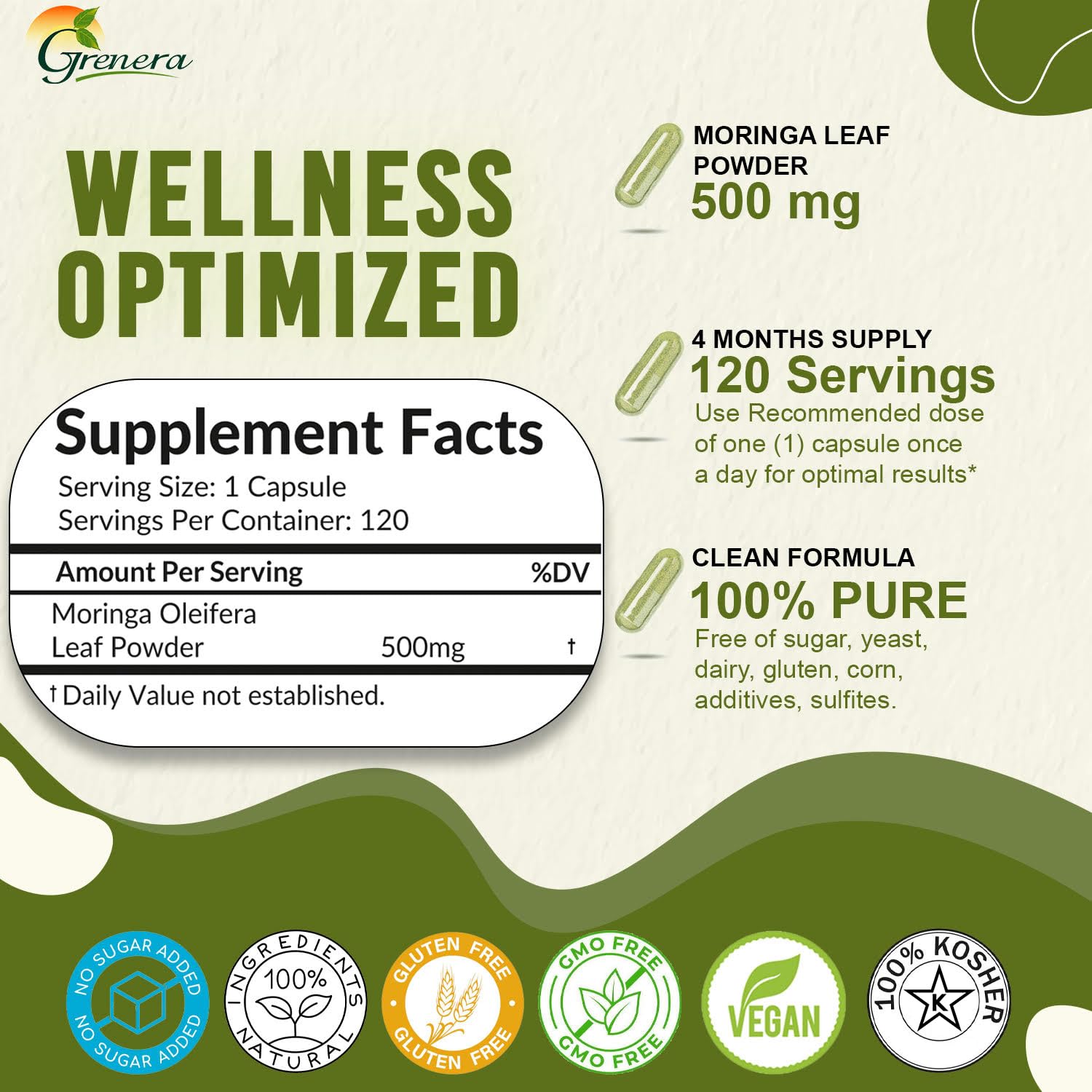 Close-up of Moringa Oleifera leaf powder capsules