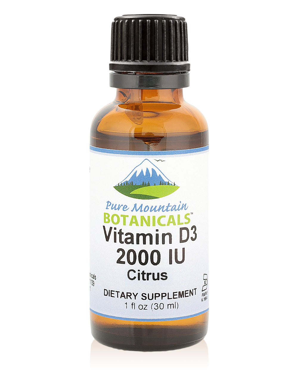 Bottle of Pure Mountain Botanicals Vitamin D3 drops with orange and lemon flavor, 1oz size