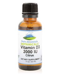 Bottle of Pure Mountain Botanicals Vitamin D3 drops with orange and lemon flavor, 1oz size