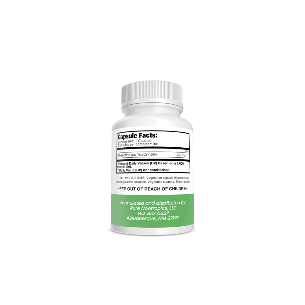 Pure Nootropics Theacrine bottle label highlights caffeine alternative benefits.