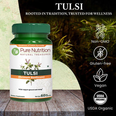 Close-up of Tulsi Extract 708mg capsules and bottle