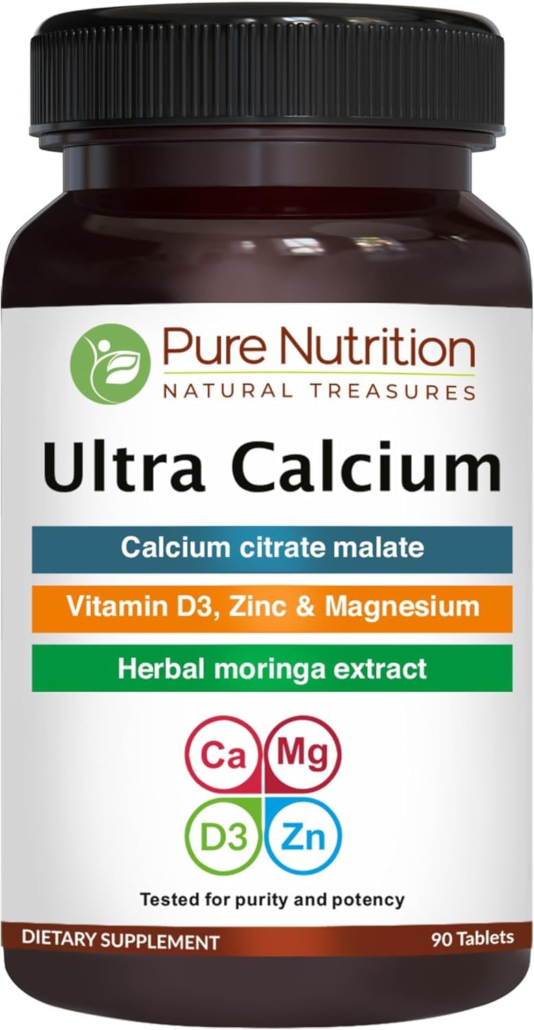 Bottle of Pure Nutrition Ultra Calcium 1000mg with Vitamin D3 and K2 label