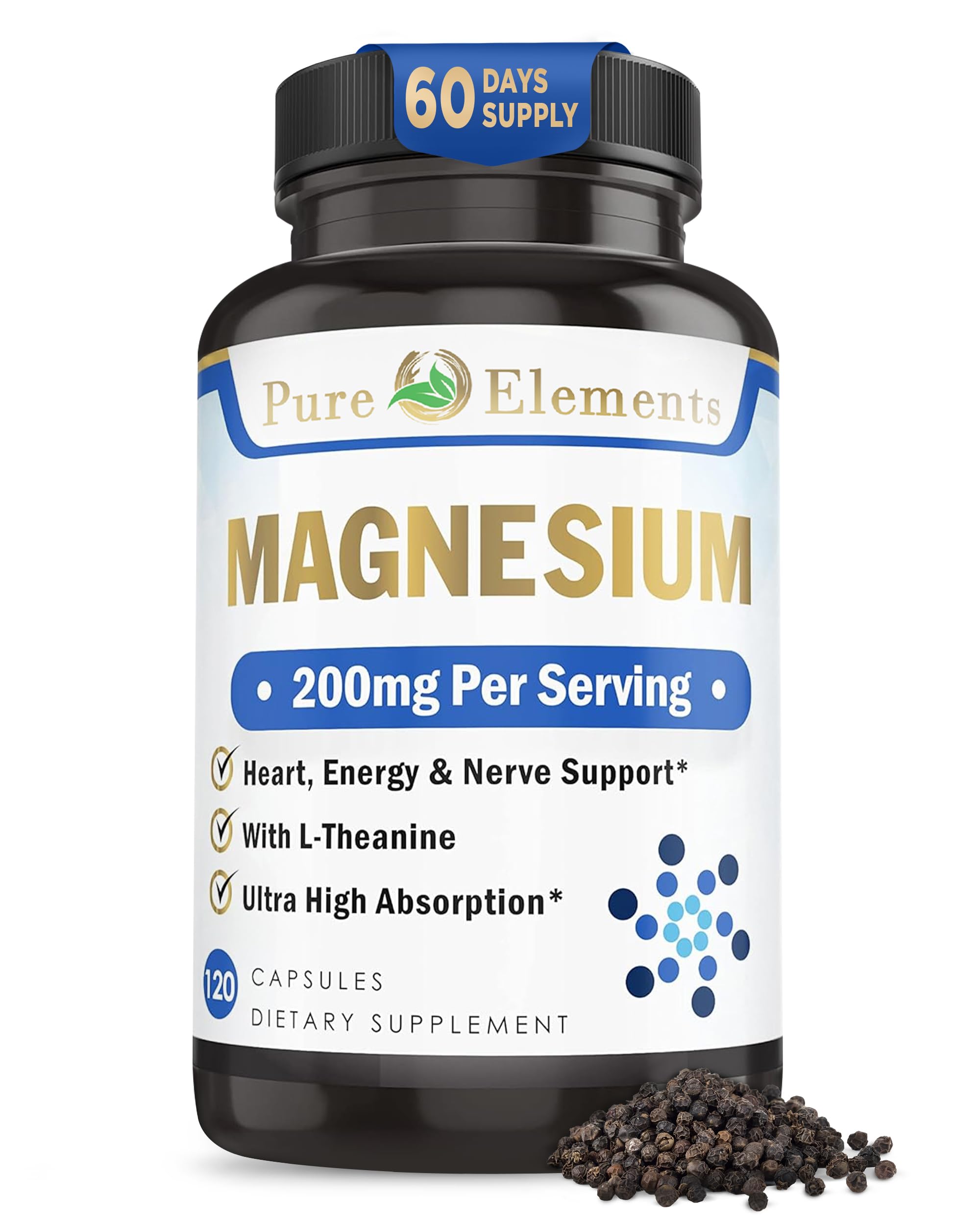 Bottle label for Pure Organic Elements Magnesium Glycinate with L-Theanine, Potassium and Black Pepper, 120-count