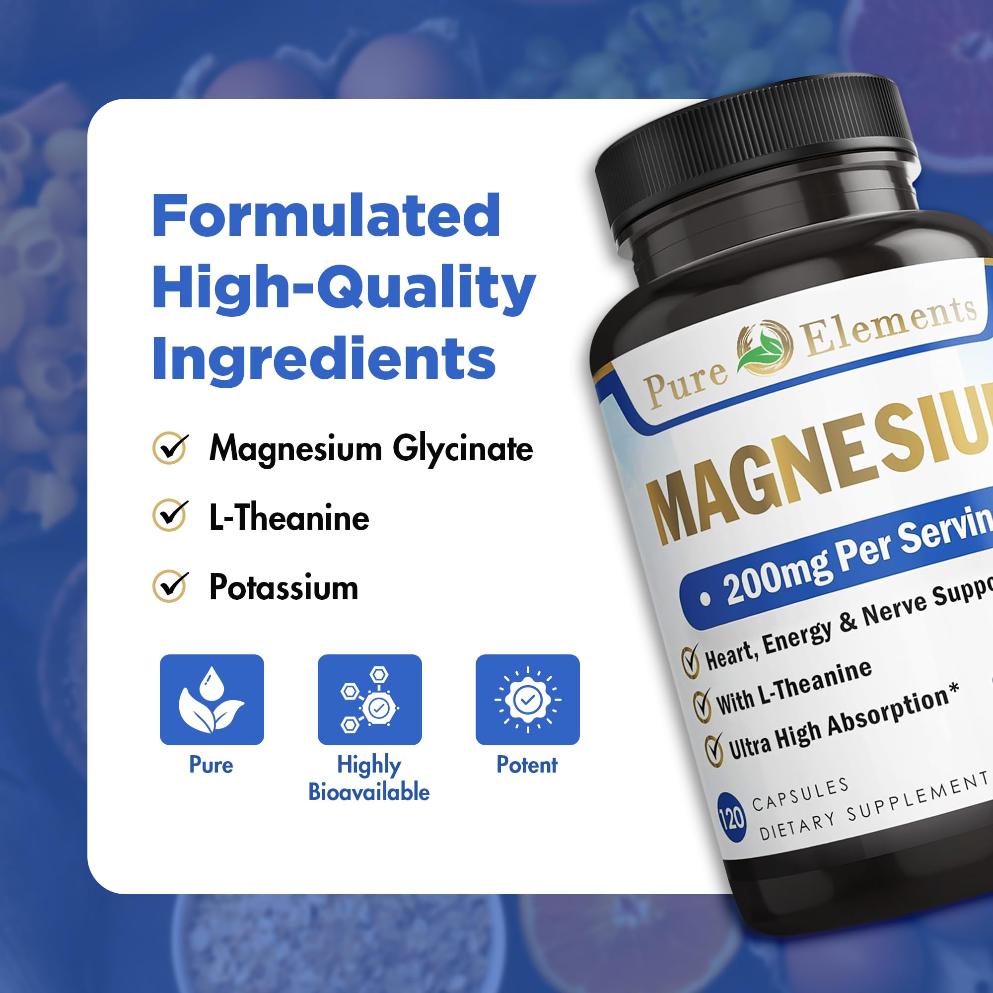 Graphic displaying magnesium glycinate, malate, taurate, potassium citrate and L-Theanine
