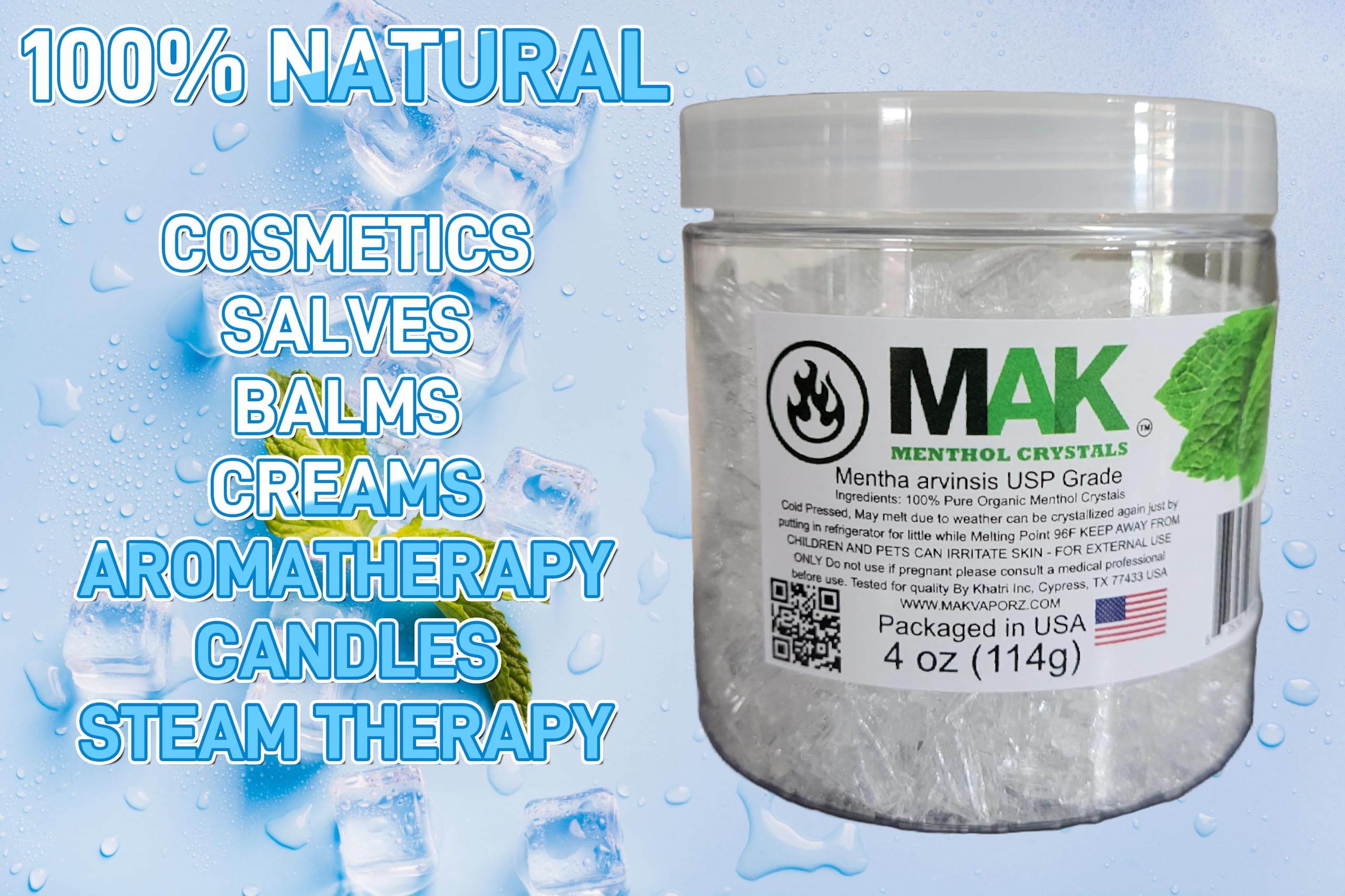 Pure organic menthol crystals in a clear jar