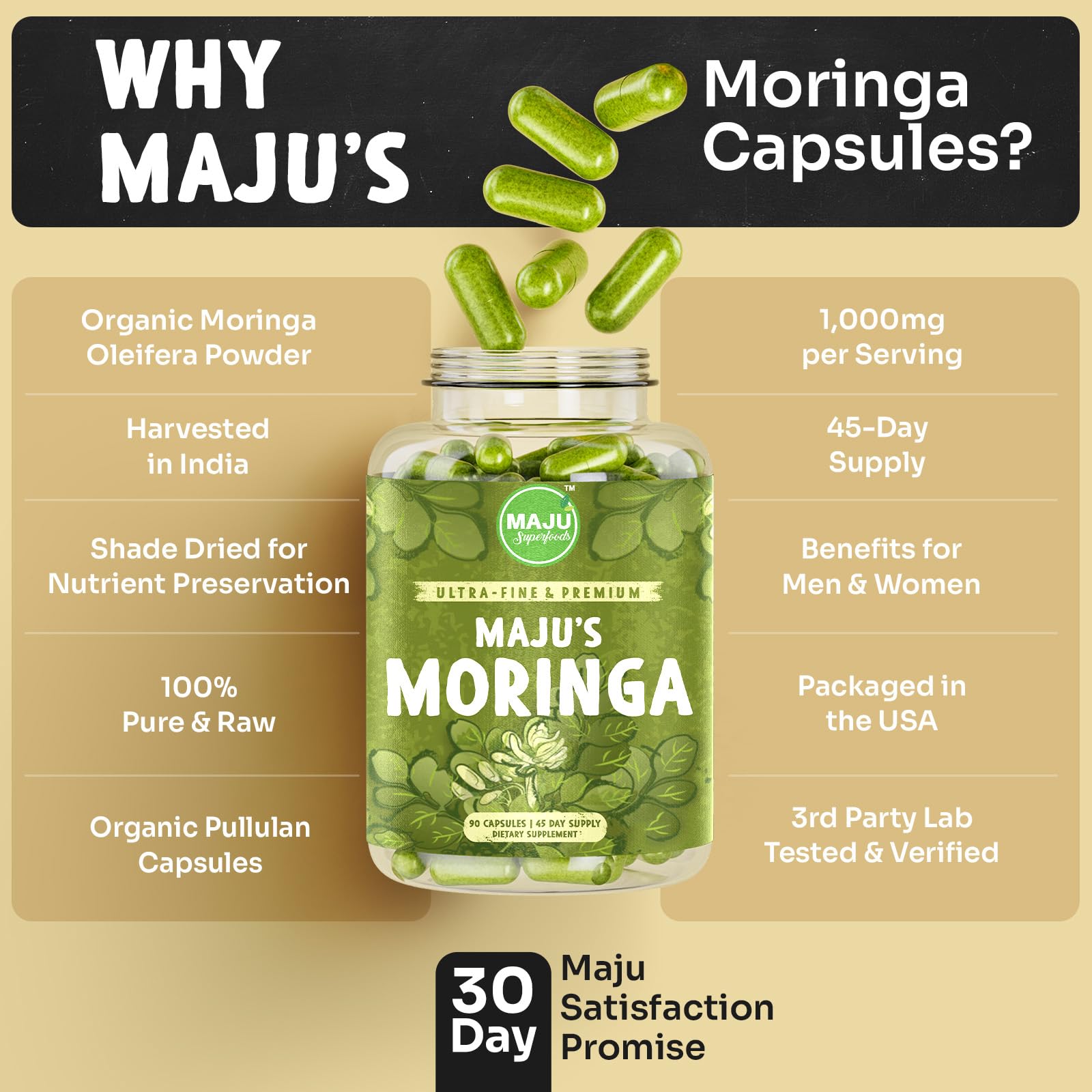 Pure organic moringa capsules close-up