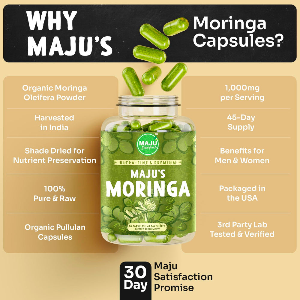 Pure organic moringa capsules close-up