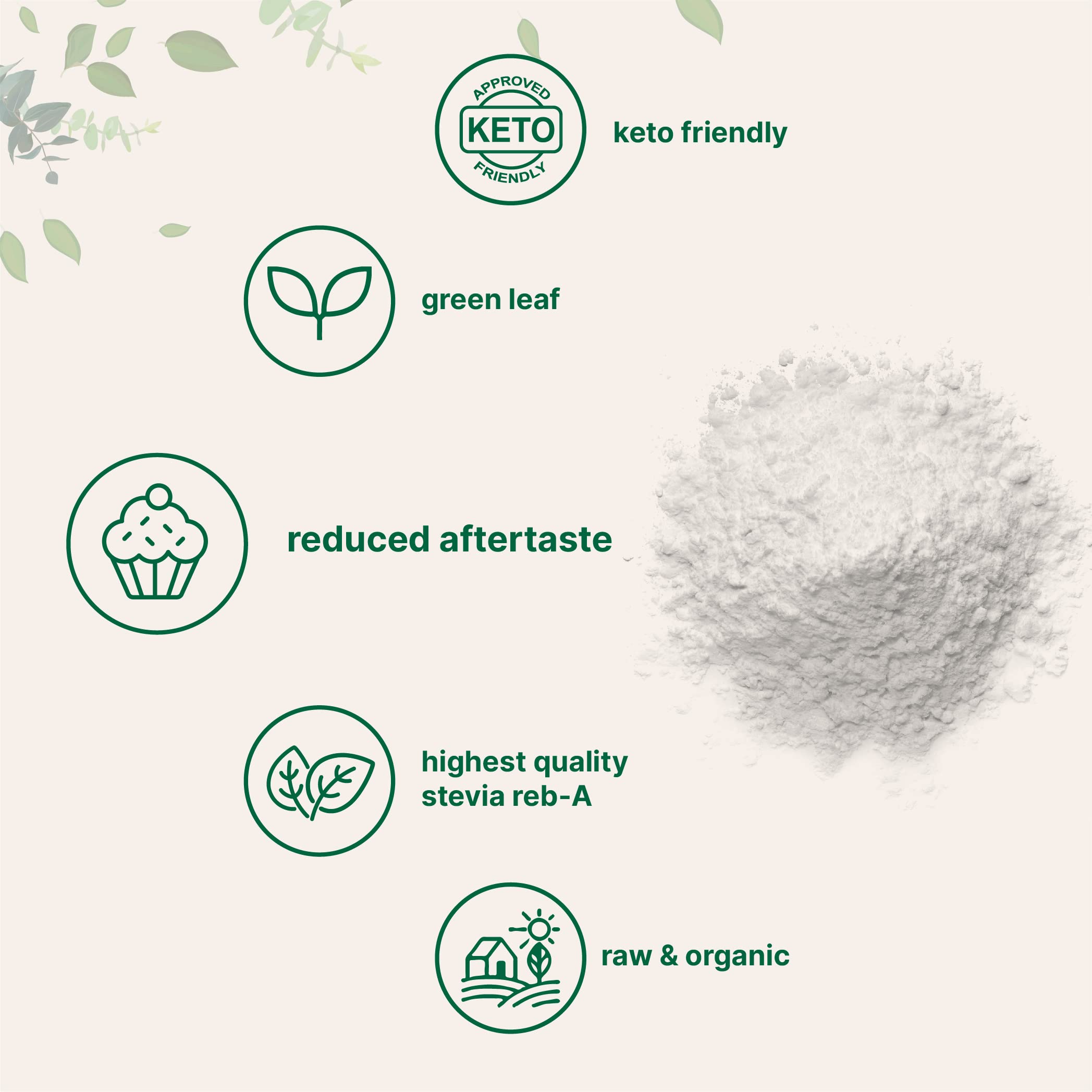 Keto-friendly natural sweetener stevia powder with scoop