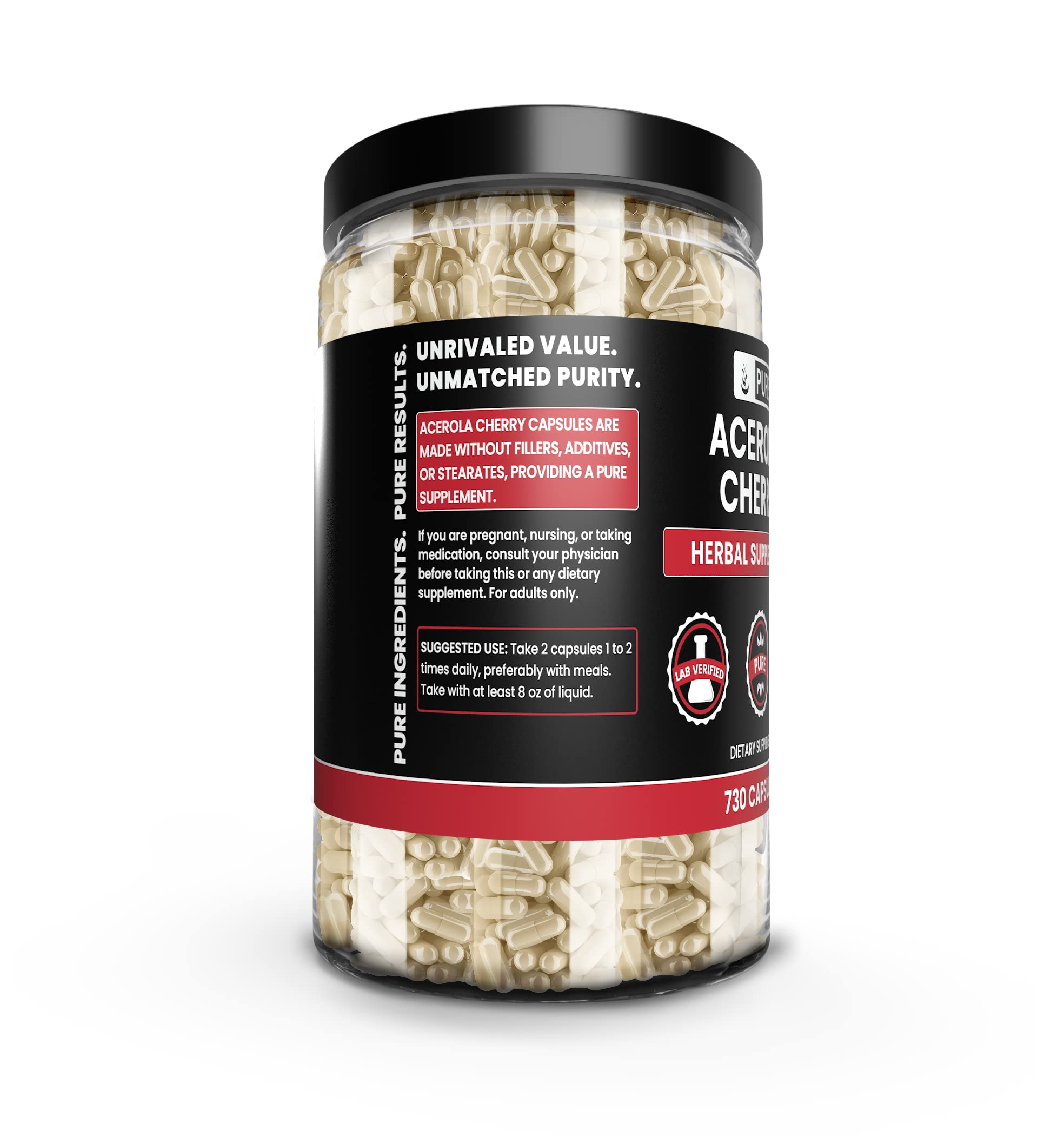 Close-up of Acerola Cherry Capsules in bottle