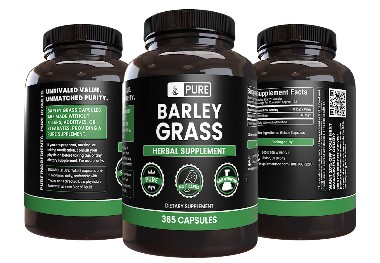 Back label showing supplement facts for barley grass capsules